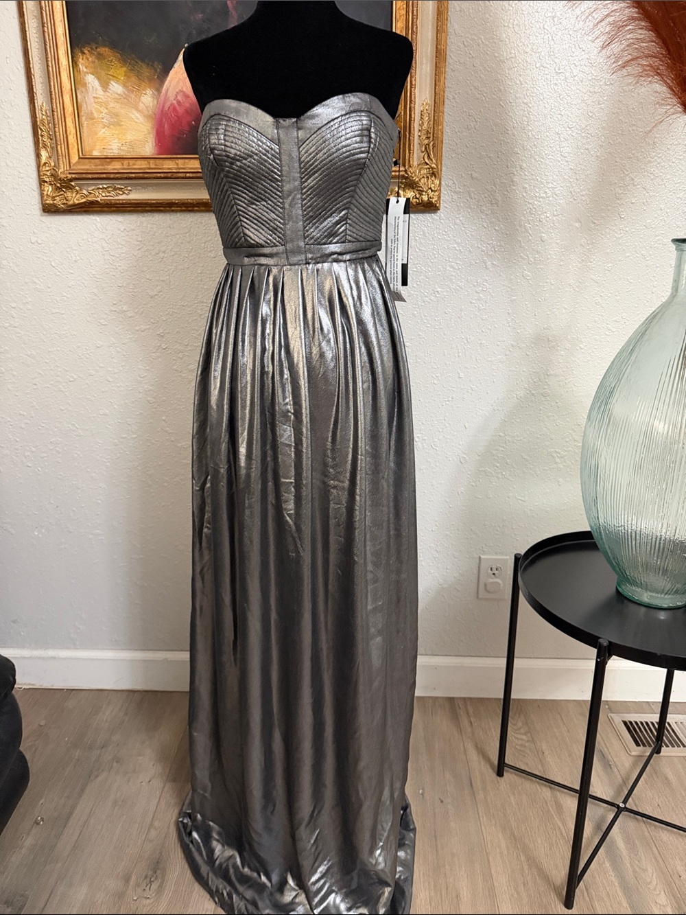 Parker Black Metallic Silver Strapless Evening Gown